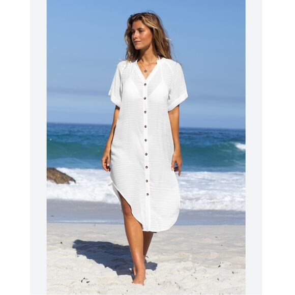 Cupshe Womens L White V-Neck & Curved Hem Button Up Cover-Up NEW - Picture 1 of 13